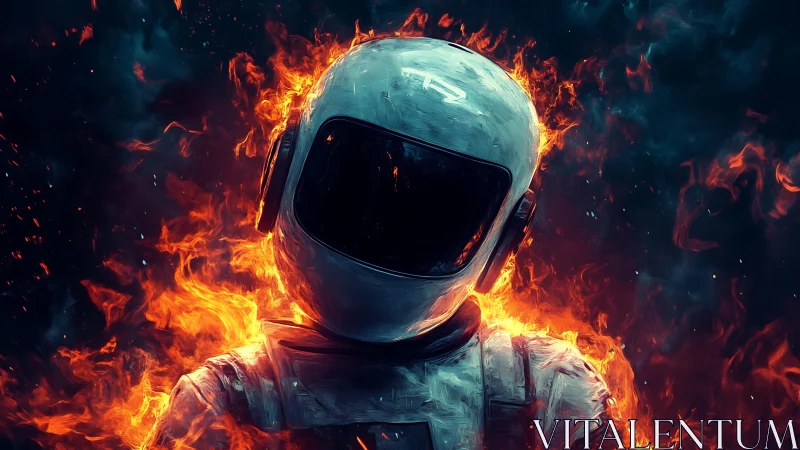 Lone astronaut engulfed in vivid inferno against voided sky.