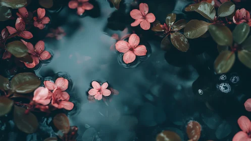 Pink flowers floating serenely in dark teal water.