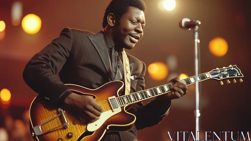 Soulful blues guitarist immersed in warm stage lights.