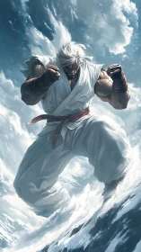 Martial artist in white gi suspended above turbulent sea.