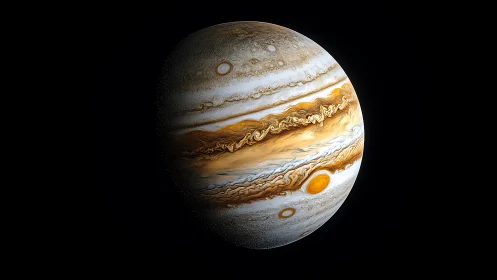 Jupiter gas giant swirls with luminous orange storm bands.