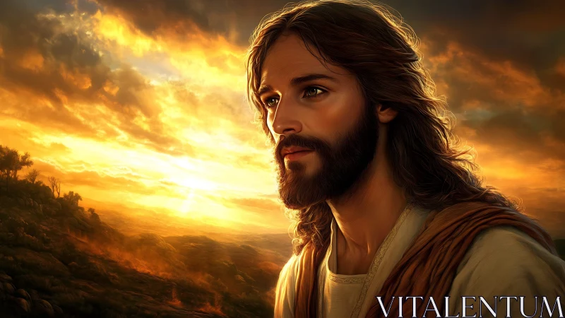 Digital portrait of robed man against volumetric sunset sky