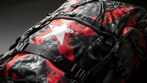 Rugged duffel bag with red camo print and white star logo.