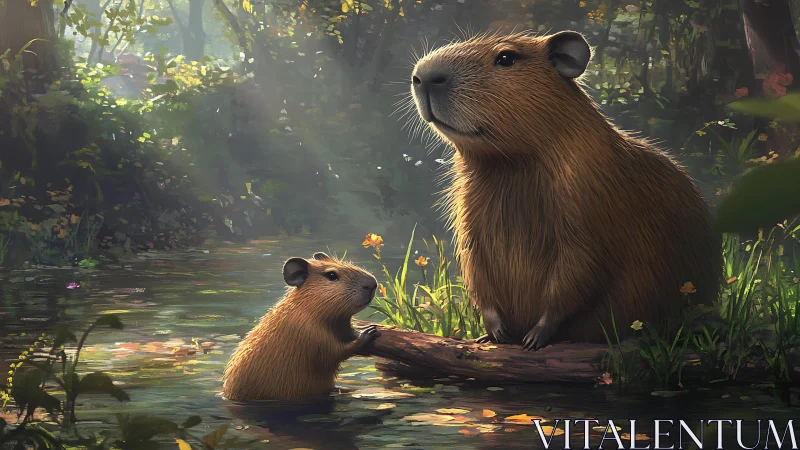 Capybara pair rest beside sunlit forest stream.