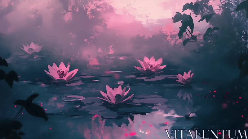 Dreamlike pink water lilies on misty twilight pond.