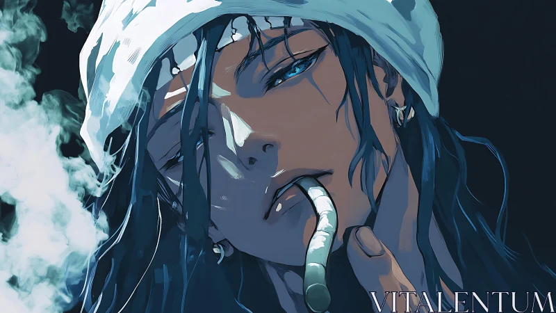 Moody blue-eyed rebel exhaling smoke in cool twilight haze.