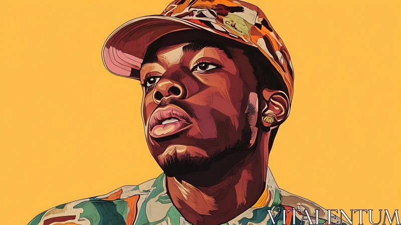 Patterned cap and quiet confidence color the portrait skyward