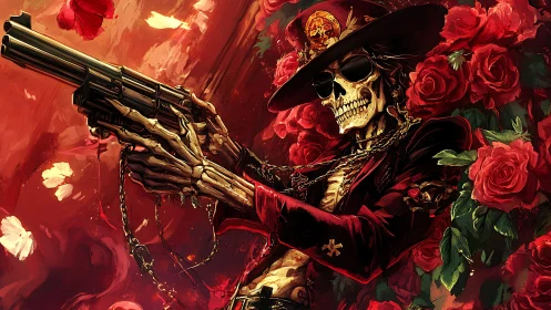 Skeletal gunslinger in crimson roses with baroque detailing.