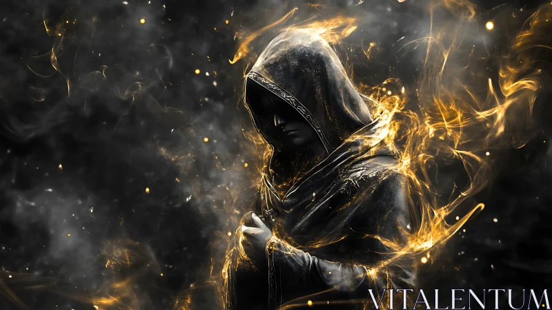 Hooded robed figure stands in swirling golden energy