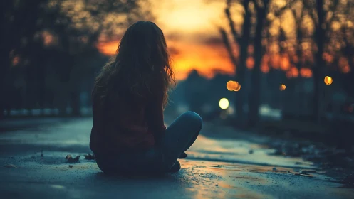 Woman sitting alone on empty road at sunset, moody atmosphere.