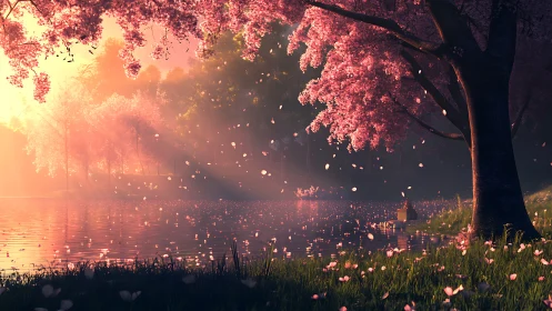 Blossom-soaked lakeside sunrise wrapped in drifting petals.