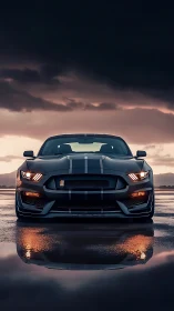 Performance coupe front view in stormy sunset reflections.