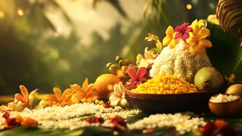 Tropical festival offering with flowers, rice, and fruit.