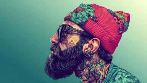 Tattooed bearded man in red beanie and sunglasses profile