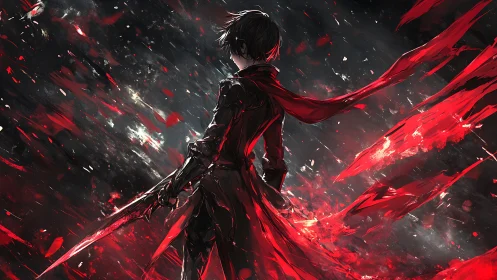 Dark anime swordsman in red scarf amid chaotic shards.