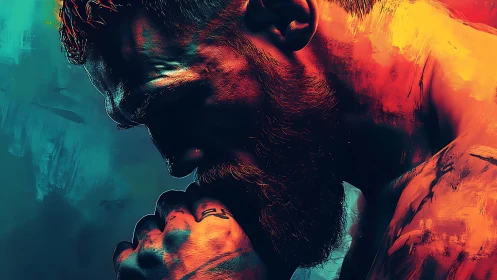 Vibrant digital portrait of pensive muscular man profile.