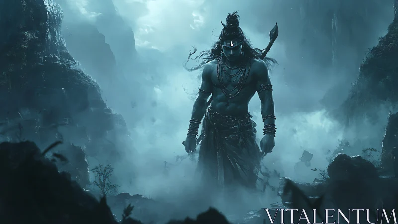 Storm-lit warrior strides through misty mountain shadows