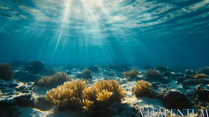 Sunlit coral reef glows beneath tranquil turquoise waves