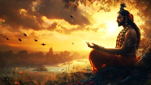 Sunlit yogi in meditative pose overlooking luminous river valley