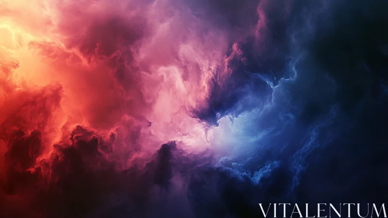 Vibrant cosmic nebula with red, violet, and blue storm clouds.