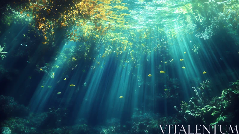 Sunlit underwater kelp forest shows volumetric light beams