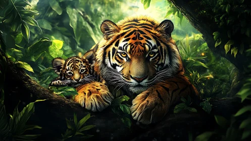 Tiger mother and cub resting in luminous jungle shadows.