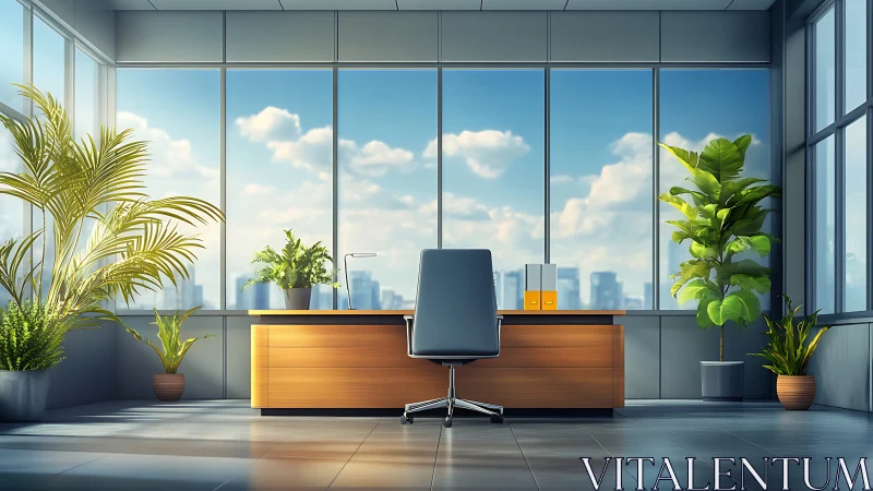 Contemporary office workspace with wooden desk and expansive window view