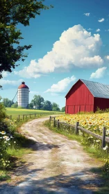 Rural dirt farm lane beside red barn and silo under cumulus sky