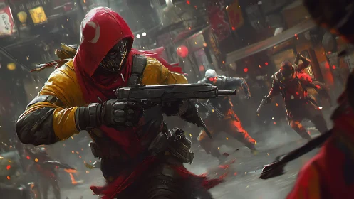 Neon alley gunrunner charges through cyberpunk crossfire.