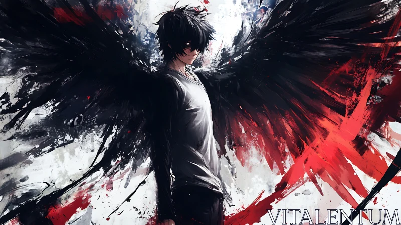 Male figure with dark wings amid red and black strokes.