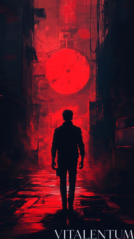 Backlit silhouette in neon red industrial alleyway corridor.