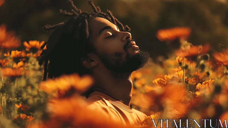 Photorealistic portrait in golden-hour floral field composition.