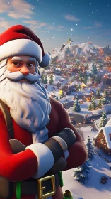 Stylized 3D Santa avatar overlooking illuminated winter village