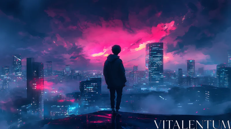 Lone figure overlooks neon city beneath vivid pink storm