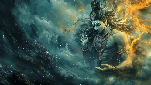 Mythic blue-skinned deity amid swirling storm and fire.
