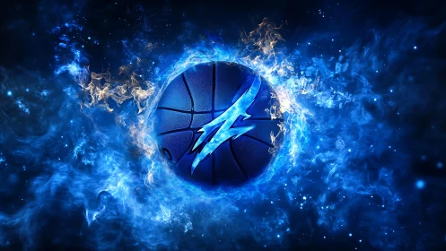 Electrified blue basketball engulfed in swirling energy flames.