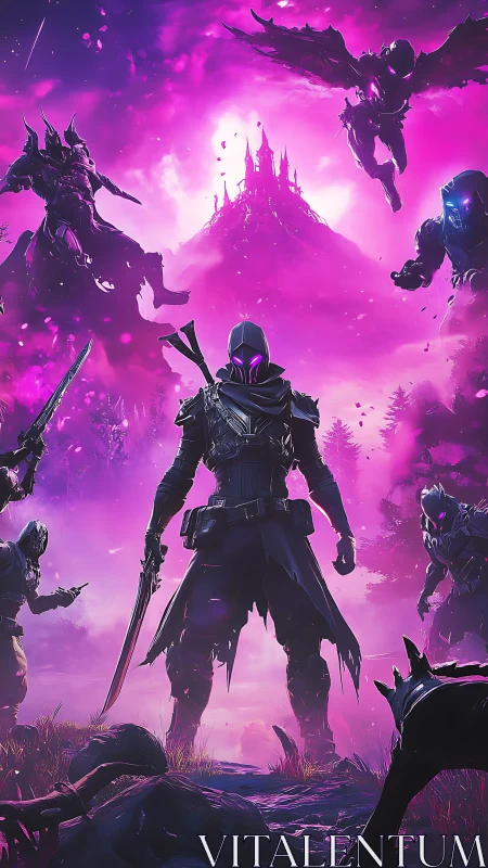 Armored warrior stands before glowing castle under violet sky