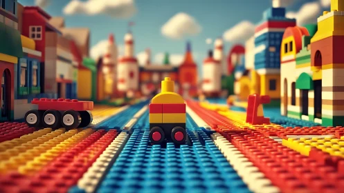 Toy brick city street with colorful micro train scene.