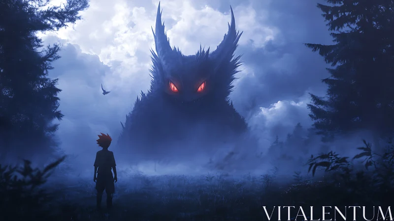 Child confronts huge red-eyed monster in foggy night forest