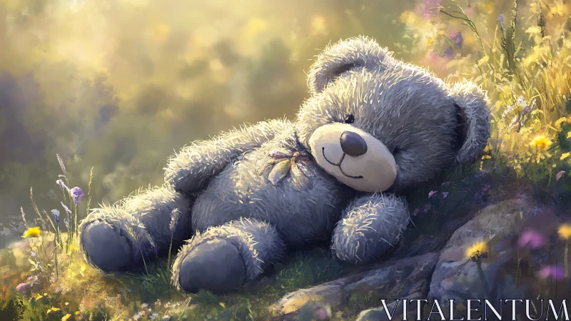 Digital painting of plush teddy bear in sunlit meadow repose.