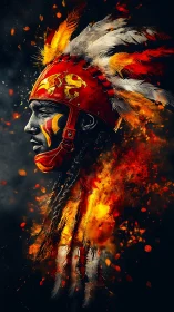 Ember crowned warrior in red helm and wildfire feathers.