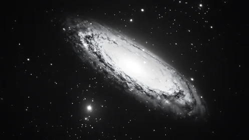 Monochrome spiral galaxy is displayed against sparse starfield