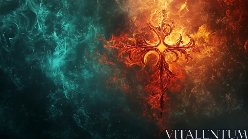 Fiery baroque cross carves molten light through swirling dusk