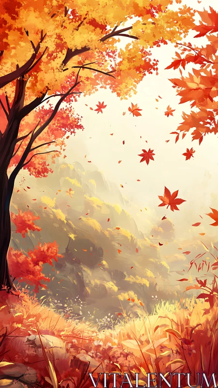 Golden autumn forest valley under drifting maple leaves.