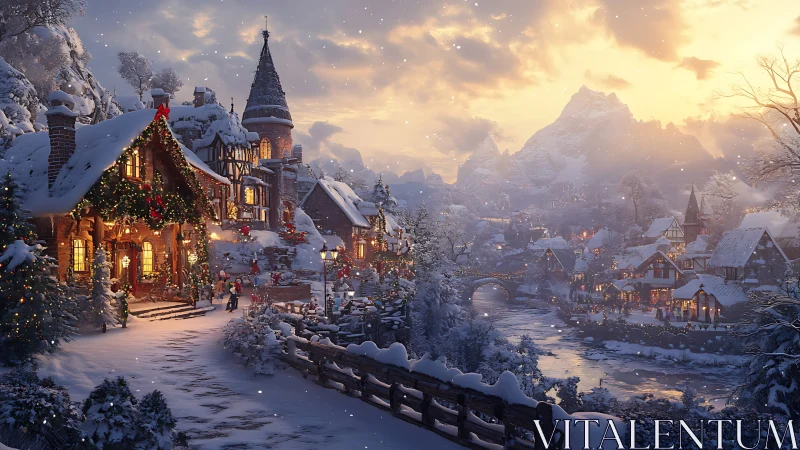 Cozy snowy village at sunset with festive winter lights.