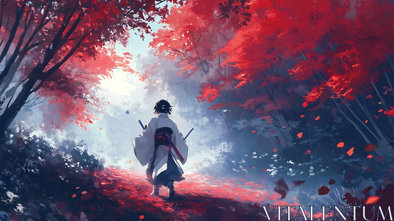 Lone wanderer steps through crimson forest toward quiet light