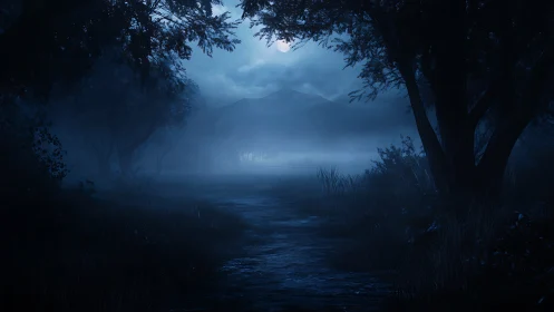 Moonlit fog path where midnight whispers learn to wander.