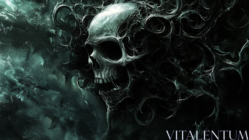 Whispering Void Skull Tangled In Stormborn Shadowfilaments.