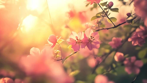 Pink blossoms on backlit branches in warm spring light.