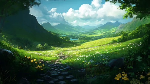 Sunlit valley meadow with cobblestone path and wildflowers.